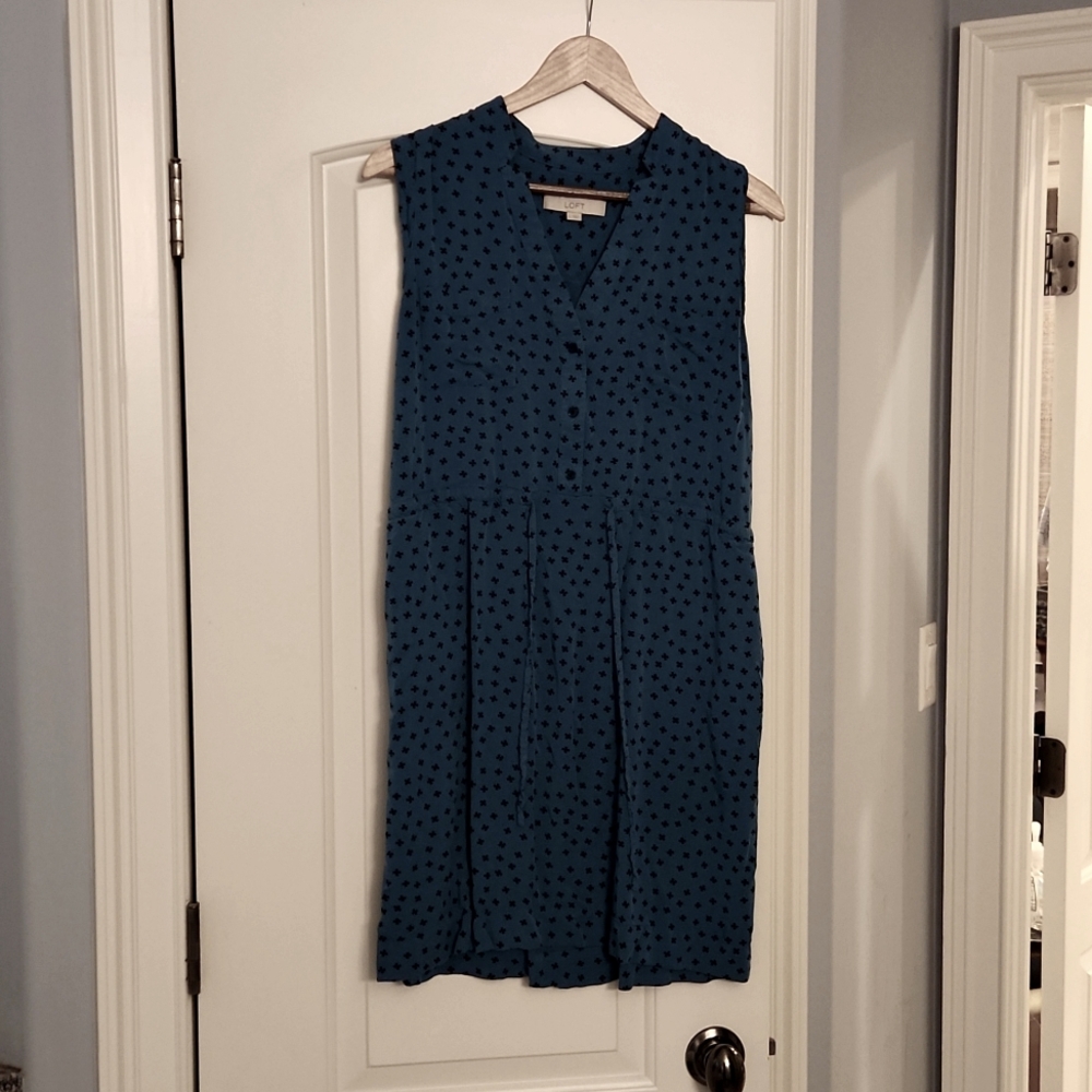 Loft teal dress with tie waist and buttons